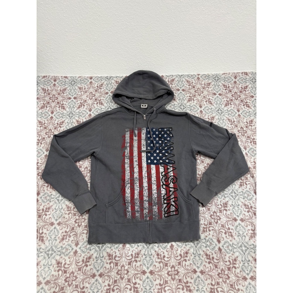 Vintage Kawasaki Mens American Flag Zip Up Hoodie Grey Fleece Sweatshirt Small